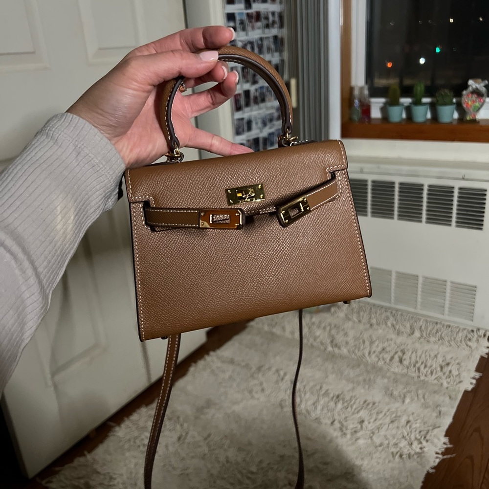 Lily & Bean Hettie Mini Bag - Tan with NO Initials & fabric Patterned Strap